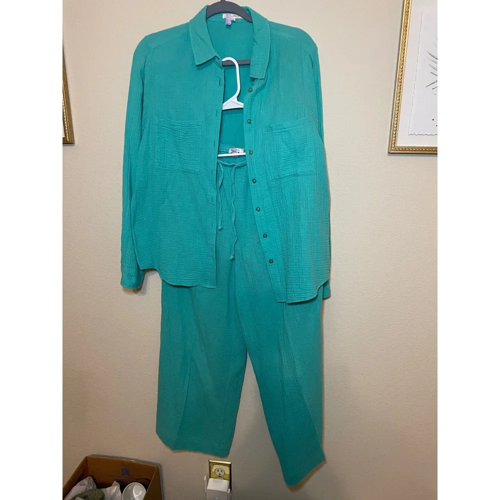 Z SUPPLY Teal Green Cotton Gauze 2 Piece Set Button Down Shirt Wide Leg Pants M